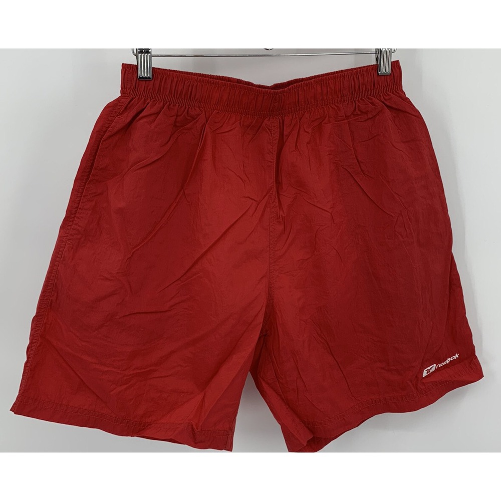 Vintage Reebok Logo Red Nylon Swim Trunks Shorts Men's Size Large Mesh Lined